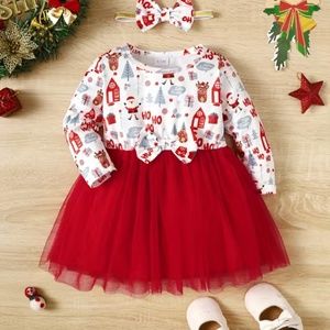 🆕 Sweet Christmas / Santa fit and flare long sleeve dress w/ matching headband